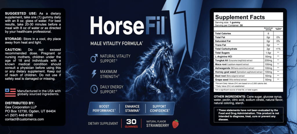 HorseFil Male Vitality Formula supplement facts label showing Tongkat Ali 200mg, Maca 100mg, Ashwaga