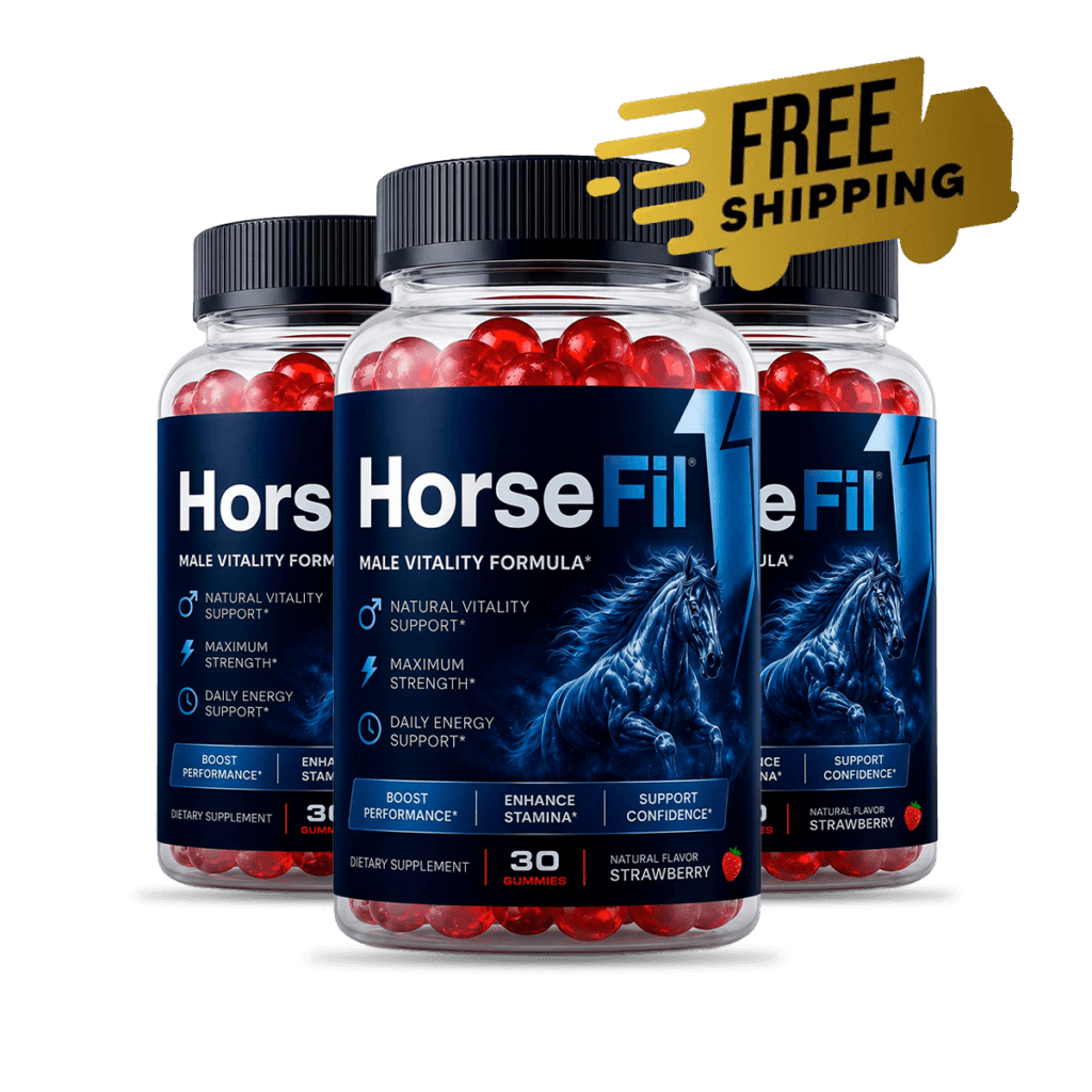 two bottles HorseFil male vitality formula gummies, blue label, product photography without backgrou