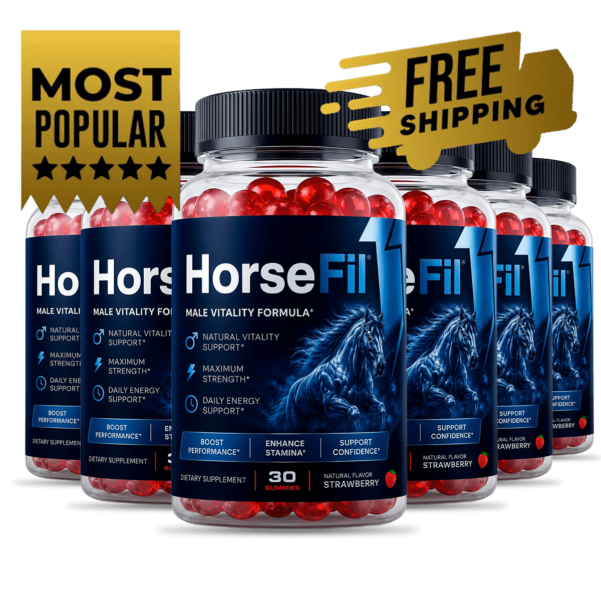 three bottles HorseFil male vitality gummy supplement stacked, blue label, product shot without back