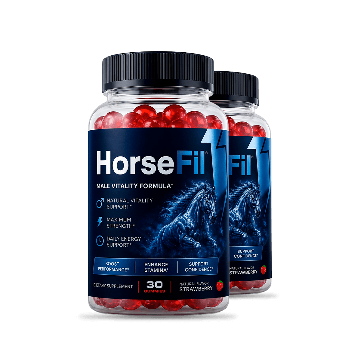 HorseFil supplement bottle single, blue label male vitality gummies, clean product shot without back