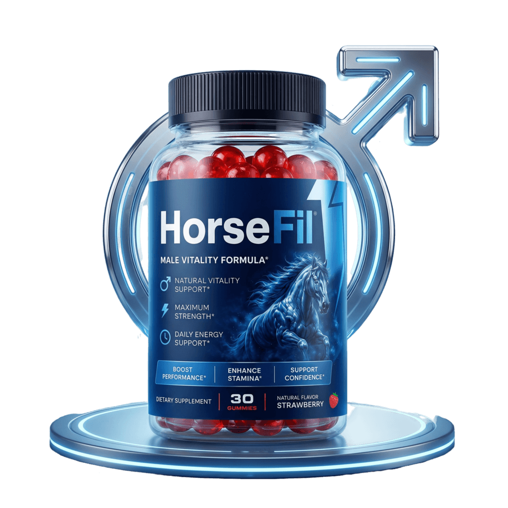 HorseFil male vitality gummy supplement bottle, blue label with horse graphic, red gummies visible, 